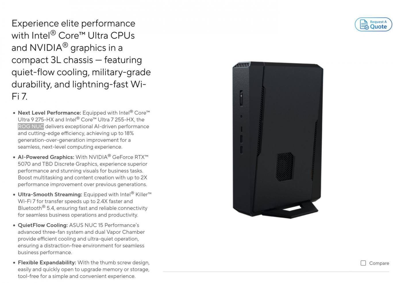 ROG NUC 2025“商务版”,华硕推出 NUC 15 Performance 迷你主机 ▲ RTX 5070 and TBD 中的 TBD 指的是 RTX 5060 笔记本电脑 GPU